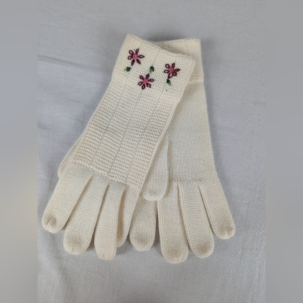 Bay Area Traders Ivory Knit Gloves Pink Embroidered Flowers Vintage NEW NWT